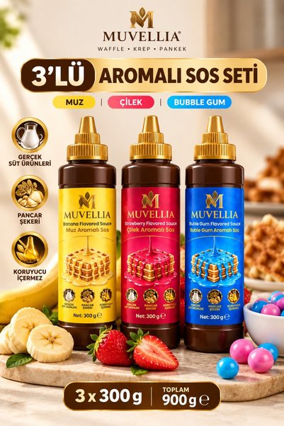 Muvellia 3'lü Aromalı Sos Seti - Muz, Çilek ve Bubble Gum Aromalı Waffle, Pankek, Krep Sosu (3 x 300 g - Toplam 900 g)