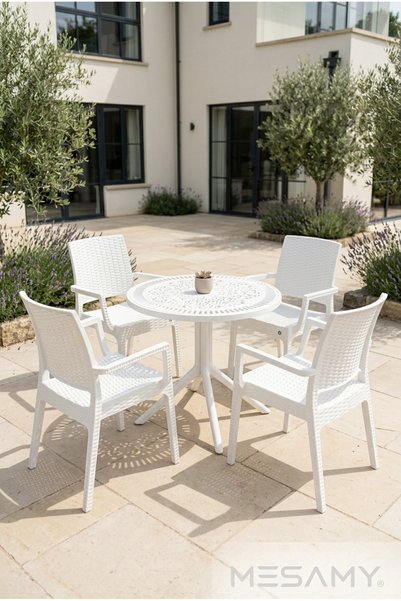 Santos 4 Kişilik Rattan Görünümlü Plastik Bahçe Balkon Masa Sandalye Takımı 4 Sandalye 1 Yuvarlak Masa