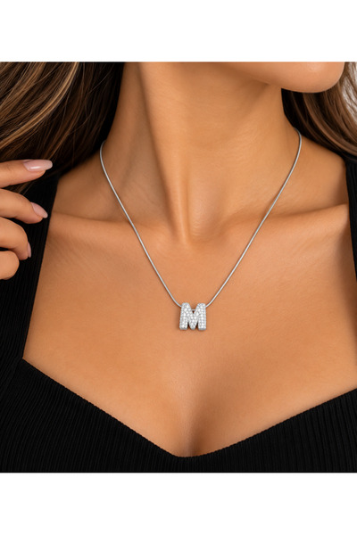 LUNAERA JEWELRY Women's Silver-Colored Necklace with Gemstones and an "M" Pen...