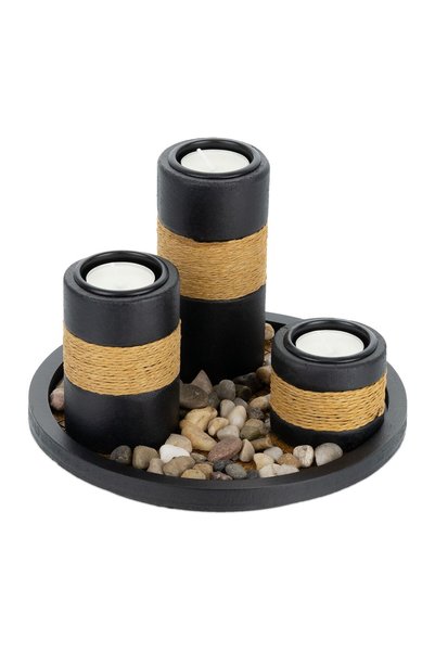 Relaxdays Suport pentru lumânări cu tavă și pietricele, Negru/Maro, 13x19.5cm...