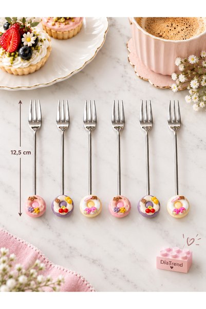 Dia Set of 6 Stainless Steel Dessert Forks with Donut Designs, Serving Forks,...