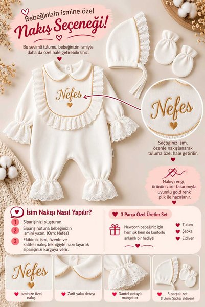 NGA's Kişiye Özel İsim Nakışlı Fistolu Biyeli 3 Parça Pamuk Yenidoğan Tulum Set