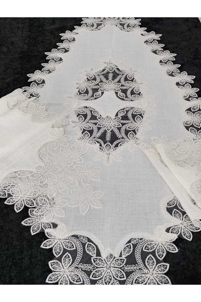 çeyizköşesi 5-Piece Lace Living Room Set with Linen Table Runner, Coffee Tabl...