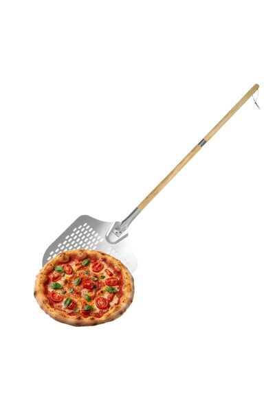 Relaxdays Lopată de pizza perforată cu mâner din lemn, maro deschis/argintiu,...