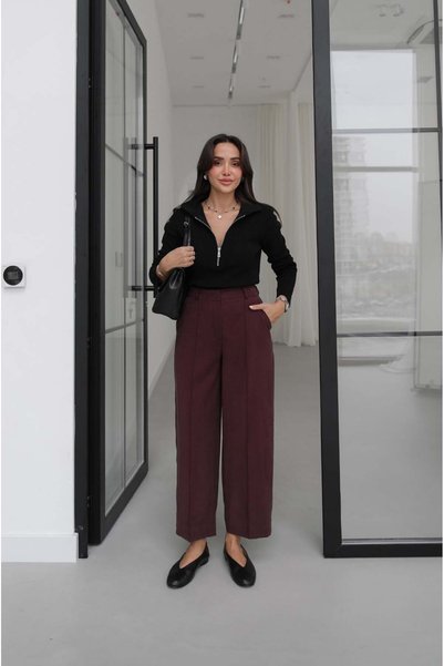 Havoş Plum-Colored Ribbed Straight-Leg Pants