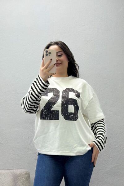 BELENDİR Women's Modal Crew Neck Printed Striped Sweatshirt in Ecru