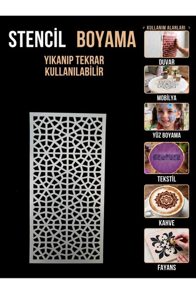 Mu Art Ahşap Seljuk Tile-Patterned Geometric Stencil – 250-Micron Mylar Stenc...