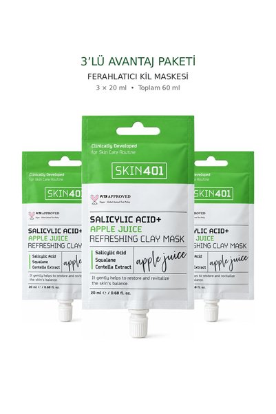 Skin401 Salisilik Asit ve Elma Suyu İçeren Ferahlatıcı Kil Maskesi 3'lü Avant...