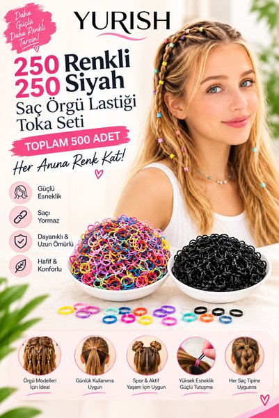 YURISH Женски цветни и черни ластици за плитки – 250+250 броя