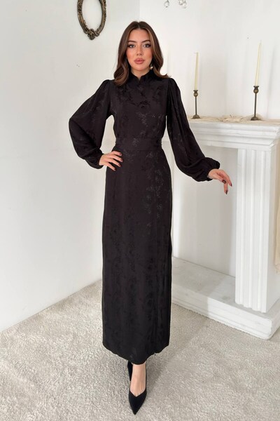 WeShaya Black Jacquard Balloon-Sleeve Dress