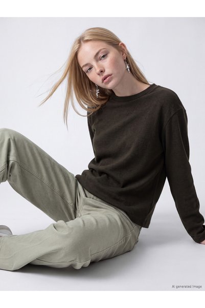 LC Waikiki XSIDE Khaki Jersey Loose & Oversized Long-Sleeve Women's T-Shirt—T...