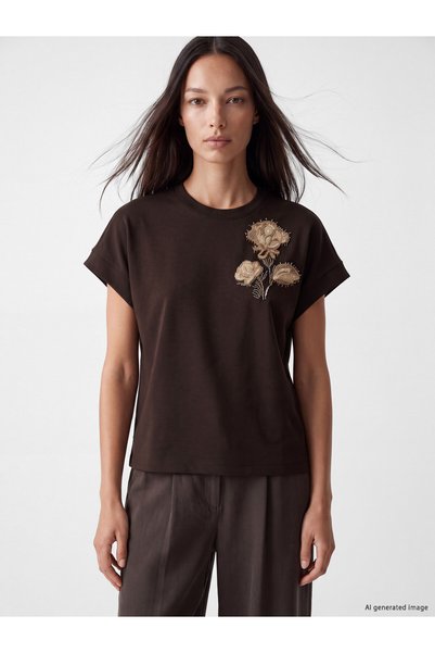 LC Waikiki LCW EVERYDAY Brown Embroidered Loose & Oversized Short-Sleeve Wome...