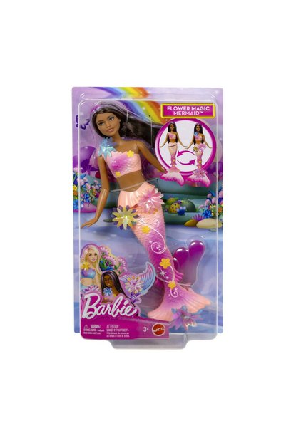 mattel Barbie papusa sirena floarea magica cu par brunet si coada roz