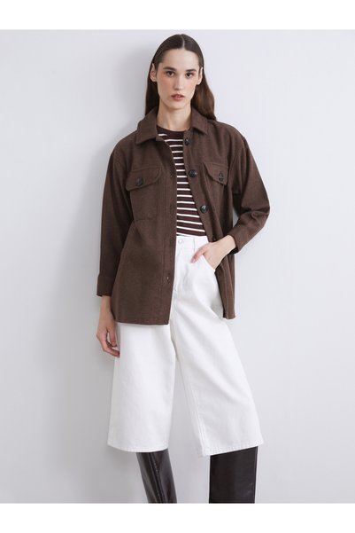 LC Waikiki LCW Vision Brown Flannel Solid Oversized Women's Shirt Jacket, Fea...