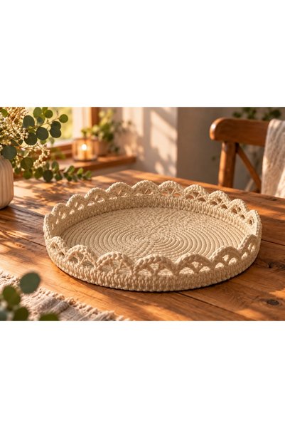 OEM Tavă decorativă rotundă, textură împletită cu aspect croșetat – 18 × 18 ×...
