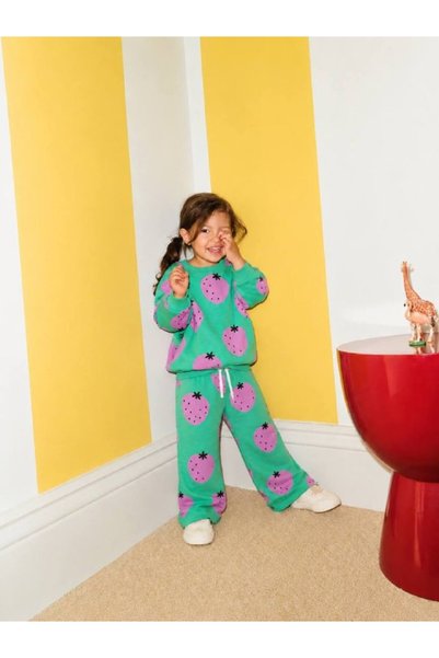 Mireya Kids Girls' Green Strawberry-Printed Sweatshirt and Pants Set