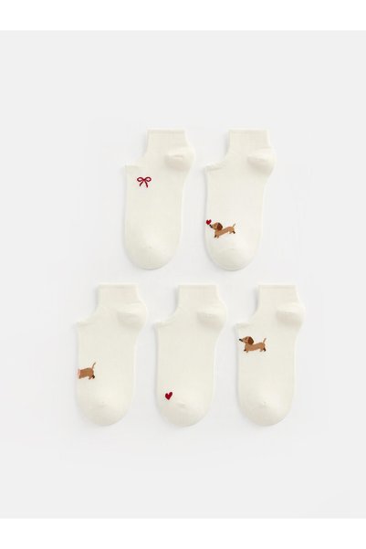 LC Waikiki Alita City Lcw Dream Ecru Printed 5-Pack Women's Booties Socks wit...