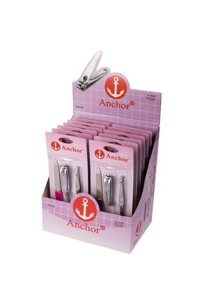 Anchor 3-piece manicure set: nail clippers, tweezers, and file – pack of 12.