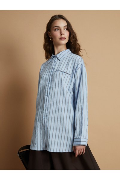 LC Waikiki LCW Modest Blue-Striped Women's Shirt-Tunic, Featuring the ALITA C...
