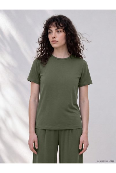 LC Waikiki LCW Petite Khaki Jersey Standard & Regular Short-Sleeve Women's T-...