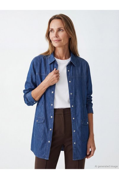 LC Waikiki LCW Grace Blue Denim Plain Loose & Oversized Women's Tunic, Featur...