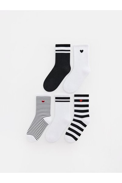 LC Waikiki Alita City Ecru Striped 5-Piece Pack Women's Socks with a Difference