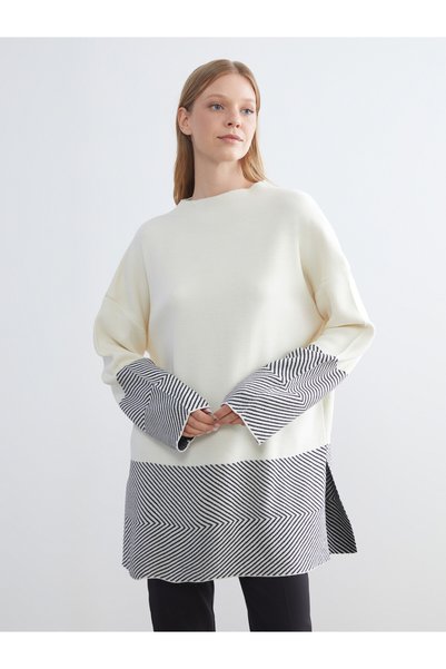 LC Waikiki LCWAIKIKI Classic Ecru Knit-Patterned Loose & Oversized Women's Tu...