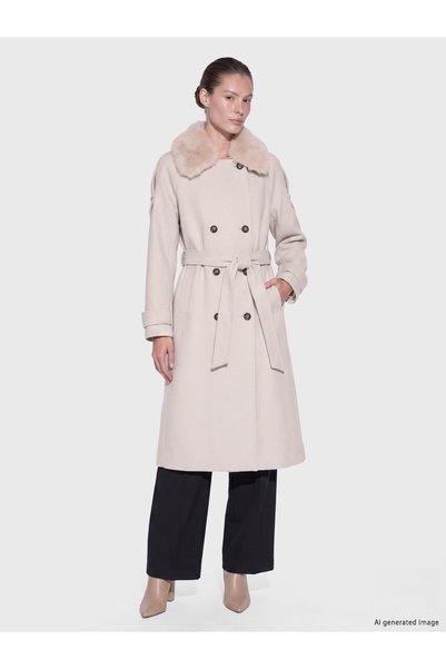 LC Waikiki LCW EVERYDAY Ecru Fur-Collar Belted Women's Melton Coat—The NEVAVM...