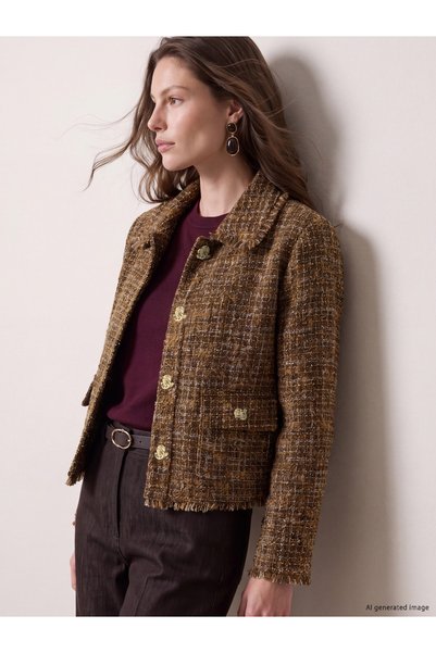 LC Waikiki LCW STUDIO Brown Tweed Plaid Standard & Regular Women's Jacket, Fe...
