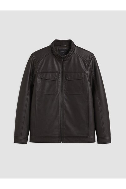 LC Waikiki LCWAIKIKI Classic Brown Regular-Fit Mock Neck Men’s Leather-Look J...