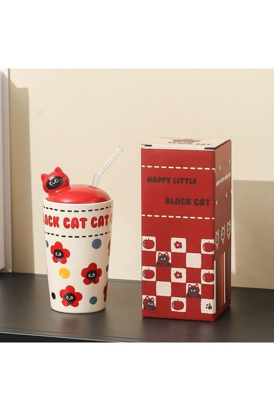 Generic كوب قهوة سيراميك لطيف للفتيات بتصميم قطة إبداعية مع غطاء وقش، ذو قيمة...