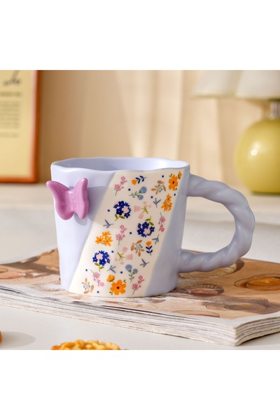 Generic كوب مزخرف بنقشة الفراشات، كوب ماء سيراميكي أنيق بتصميم عصري، كوب قهوة...