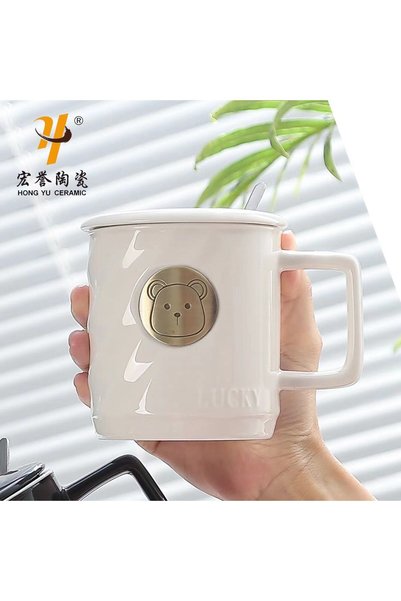 Generic كوب قهوة من السيراميك البرونزي بتصميم دب إبداعي، مزود بشعار محفور على...