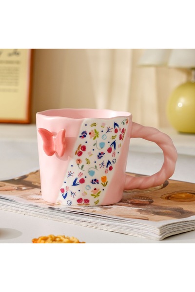 Generic كوب مزخرف بنقشة الفراشات، كوب ماء سيراميكي أنيق بتصميم عصري، كوب قهوة...