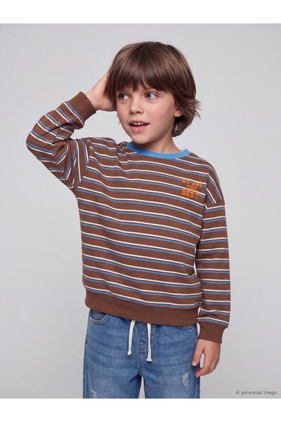 LC Waikiki Vision New Season Brown Striped Thick Sweatshirt for Boys.
