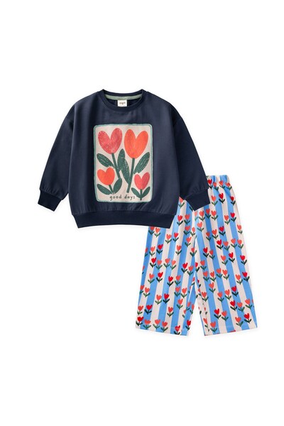 Cigit Desenli Sweatshirt Kız Çocuk Takım 2-8 Yaş Lacivert