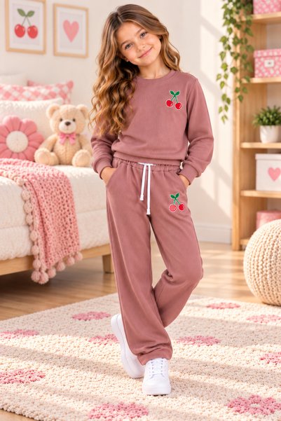 SERPİL Girls' Cherry-Embroidered 2-Piece Sweatsuit Set: Long-Sleeved Crew-Nec...