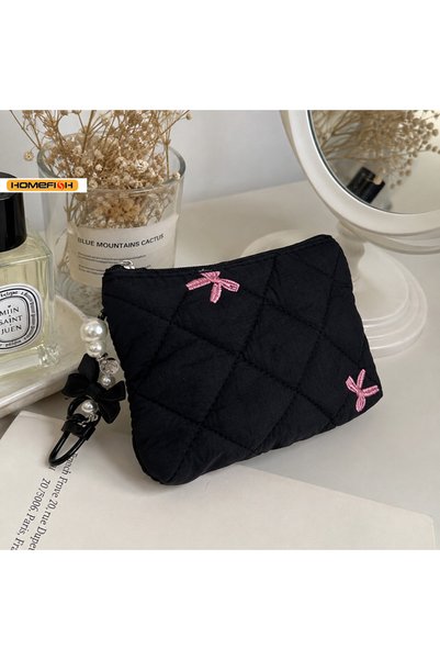 Choice Black HOMEFISH Quilted Bow Makeup Bag, Portable Travel Pouch for Lipst...