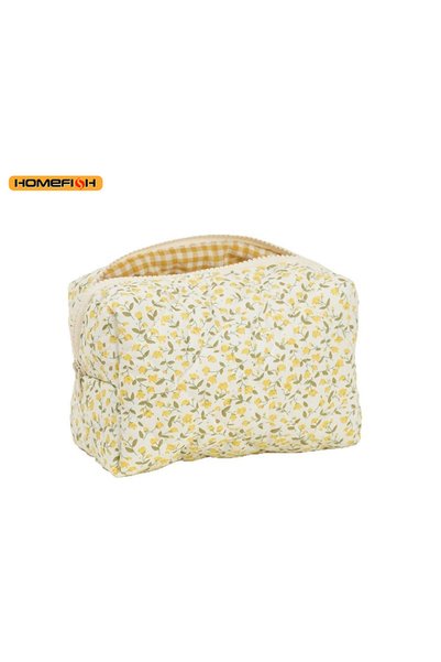 Choice Yellow Floral Puffy Quilted Makeup Bag Large Capacity Travel Cosmetic ...