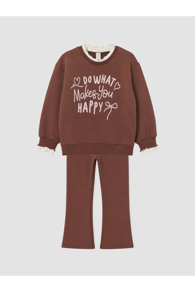 LC Waikiki LCW Kids Brown 3-Ply Brushed Inside Corduroy Printed Girls' Set—Th...