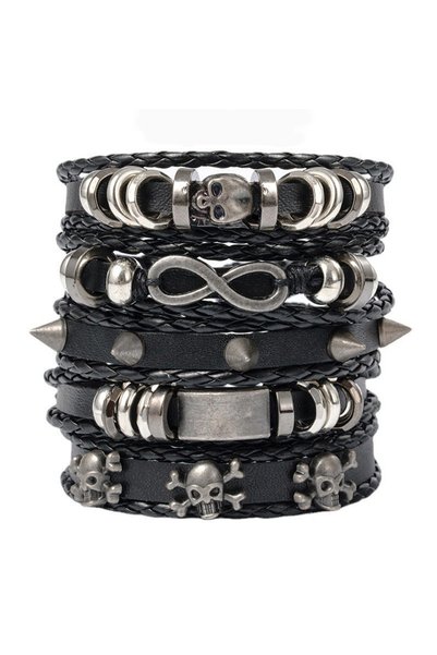 Choice KL8Z-TZ 1Set Black Punk Skull & Star Shaped Alloy & Pu Leather Bracelet