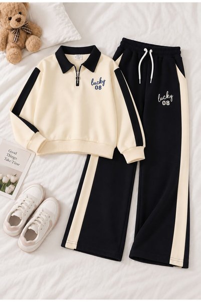 CansınMini Cream Polo Collar Half-Zip Sweatshirt with Wide-Leg Sweatpants Gir...