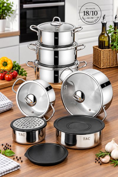 Taç Master Steel XL 15 Parça Çelik Tencere Seti - Saklama Kabı Hediyeli