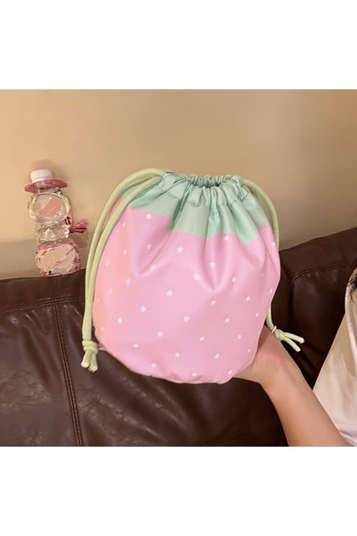 Choice 1pc Cute Strawberry Drawstring Storage Bag, Polka‑Dot Cosmetic Makeup ...