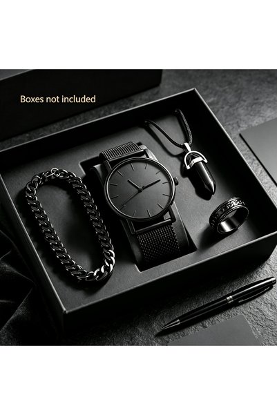 Choice black 4pcs/set Men's Quartz Watch Set, Perfect for Leisure, Business, ...