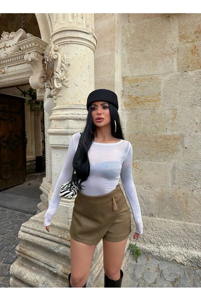 kırmızı butiks Fustă-pantalon din piele întoarsă de căprioară cu accesorii de...