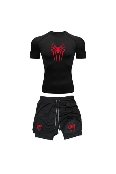Choice S 9 Men's Workout Compression Set Y2K Spider Printed Gym Tshirts Breat...