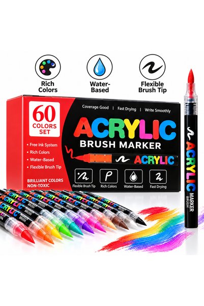 Choice 60 Color Acrylic Brush Marker Set 12/24/36/48/60 Colors Water Based Fl...