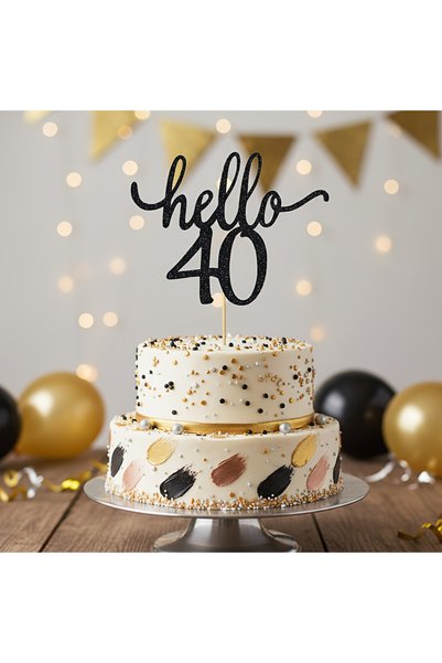 Choice F-224-أسود، زينة كيك "Hello 40" بقطعة واحدة، لامعة باللون الأسود، لتزي...
