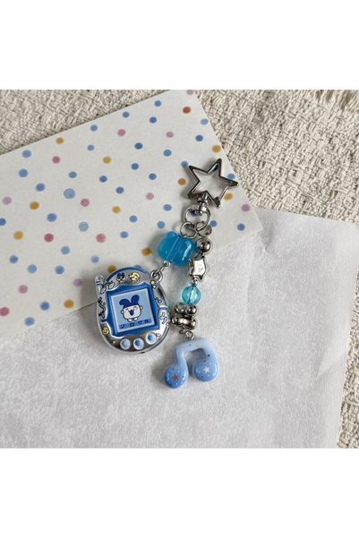 BANDAI blue Tamagotchi Beaded Keychain, Cute 2D Anime Pendant Mametchi Mimitc...